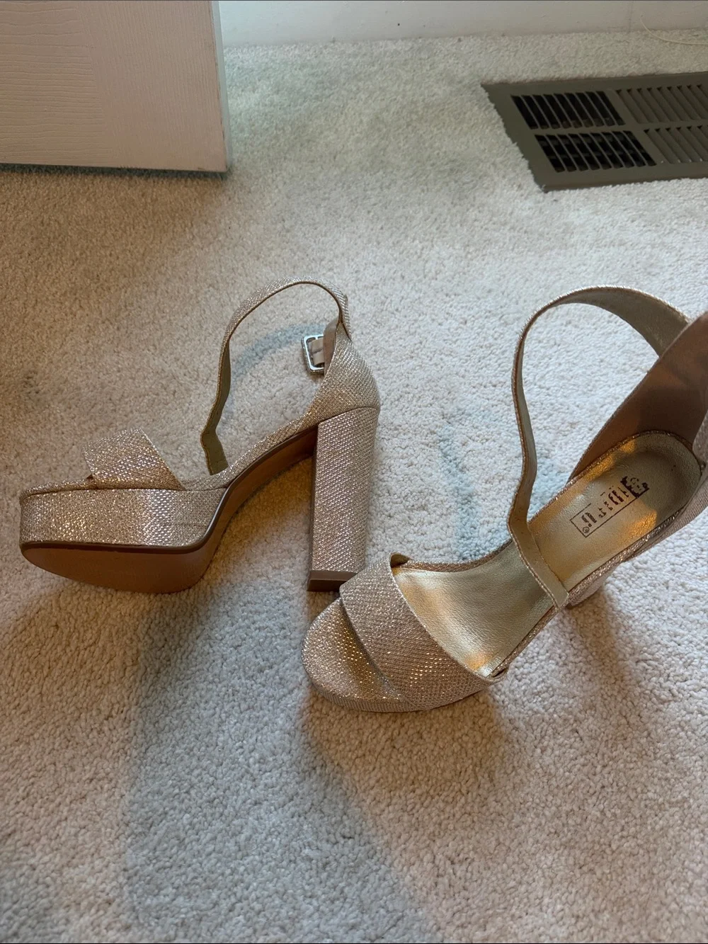 BCBG Glitter Platform Ankle-Strap Heels in Rose Gold